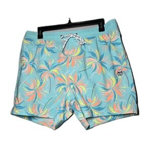 Party Pants Men Large Tropical Moby Aroba Blue Hidden Waist Tie Swim Trunks